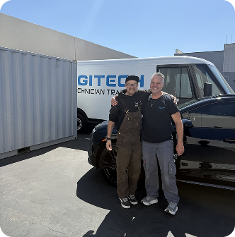 Graduates and technicians with Logitech training van